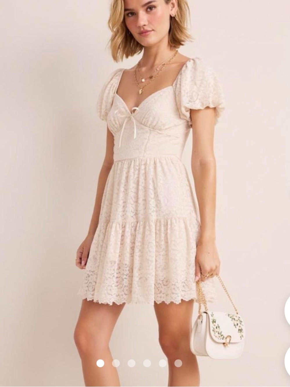 Francesca's Cream Lace Puff-Sleeve Tiered Mini Dress